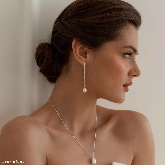 Dainty 14K Gold Plated 4 pearl chain set-SL Hoops Trendy Earring Set for Women - Picture 4 of 9